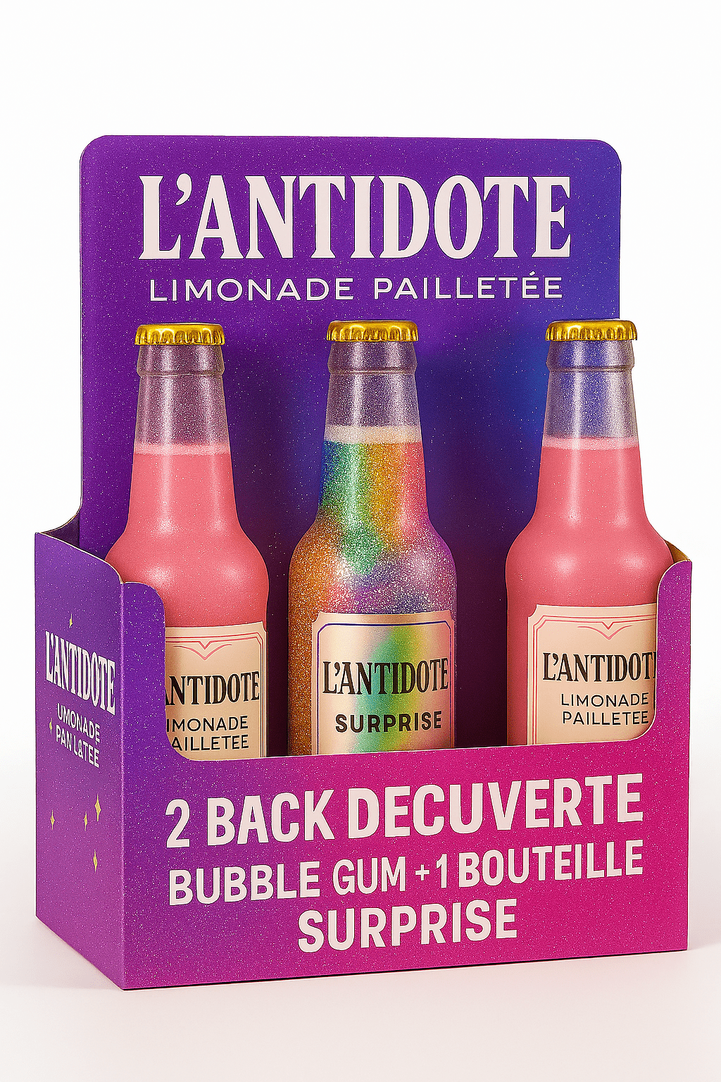 Pack L’ANTIDOTE Bubble Gum – Duo + Surprise - 3x33cl - L’ANTIDOTE Limonade Pailletée Made in Cannes