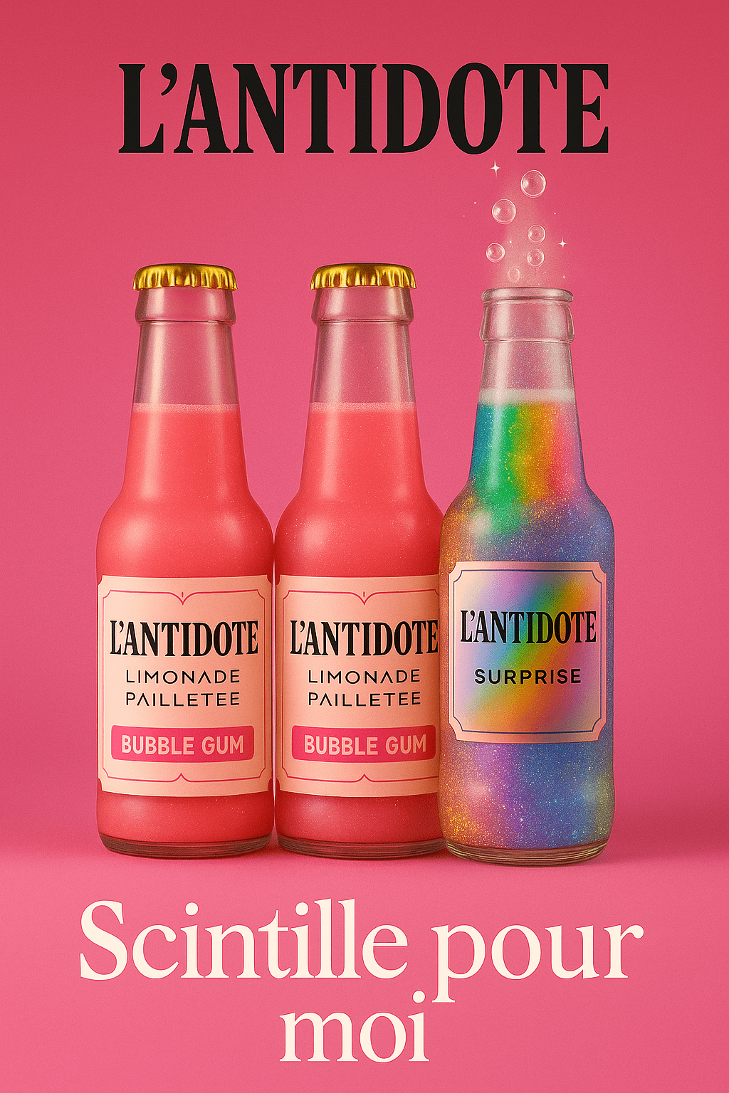 Pack L’ANTIDOTE Bubble Gum – Duo + Surprise - 3x33cl - L’ANTIDOTE Limonade Pailletée Made in Cannes