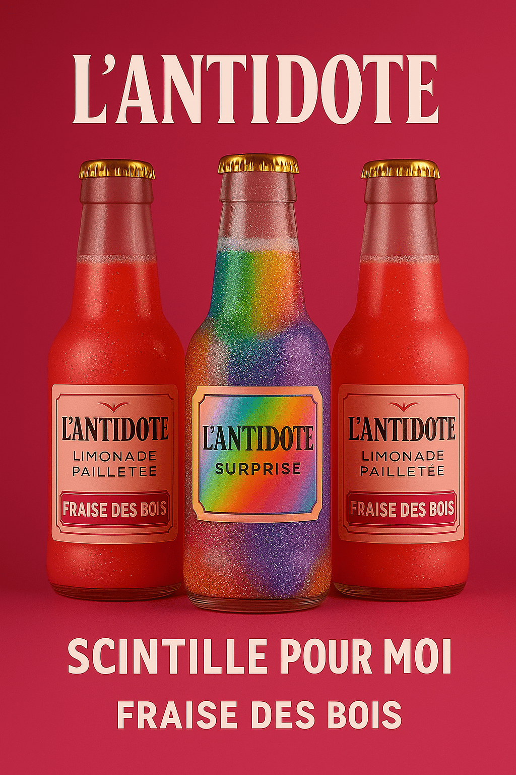 Pack L’ANTIDOTE Fraise de Bois – Duo + Surprise - 3x33cl - L’ANTIDOTE Limonade Pailletée Made in Cannes