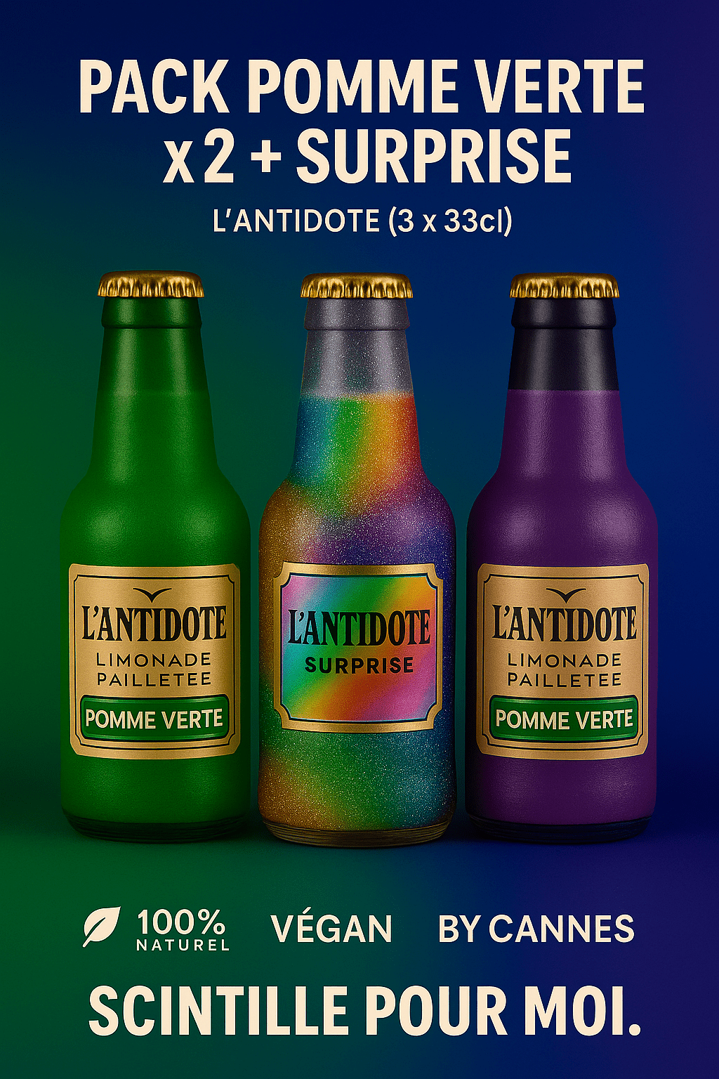 Pack L’ANTIDOTE Pomme Verte – Duo + Surprise - 3x33cl - L’ANTIDOTE Limonade Pailletée Made in Cannes