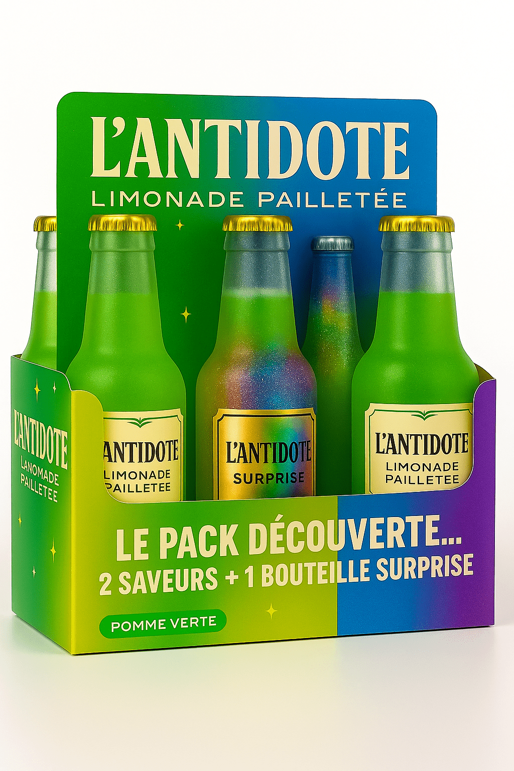 Pack L’ANTIDOTE Pomme Verte – Duo + Surprise - 3x33cl - L’ANTIDOTE Limonade Pailletée Made in Cannes