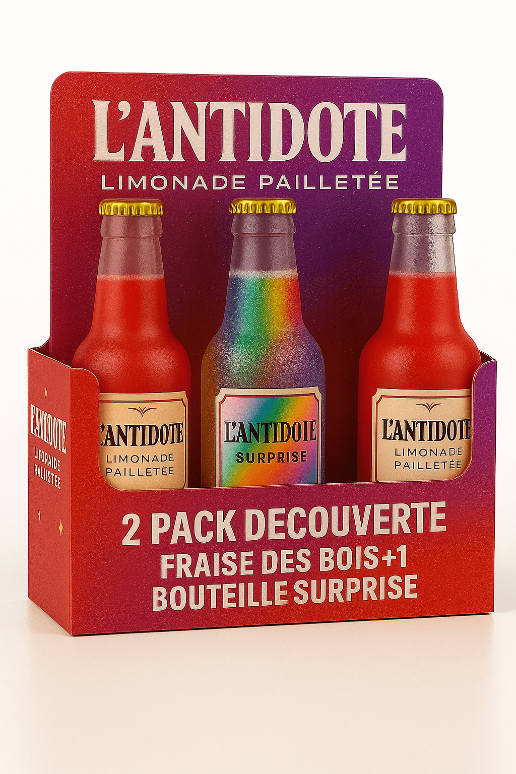Pack L’ANTIDOTE Fraise de Bois – Duo + Surprise - 3x33cl - L’ANTIDOTE Limonade Pailletée Made in Cannes