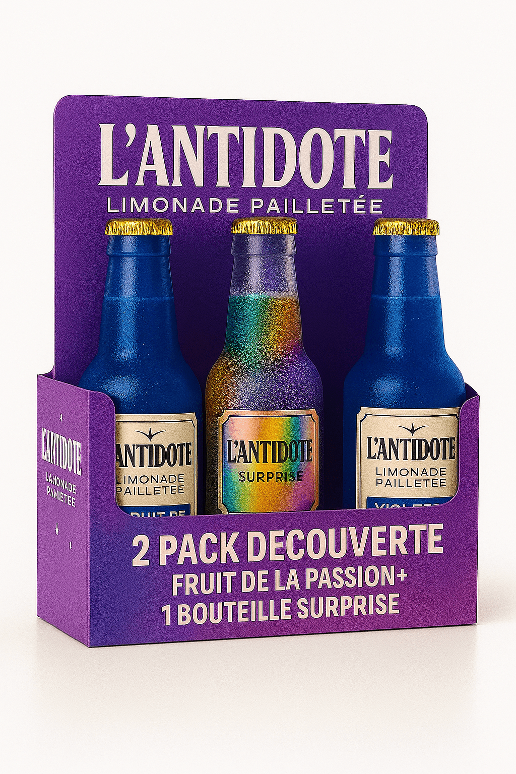 Pack L’ANTIDOTE Fruits de la Passion – Duo + Surprise - 3x33cl - L’ANTIDOTE Limonade Pailletée Made in Cannes