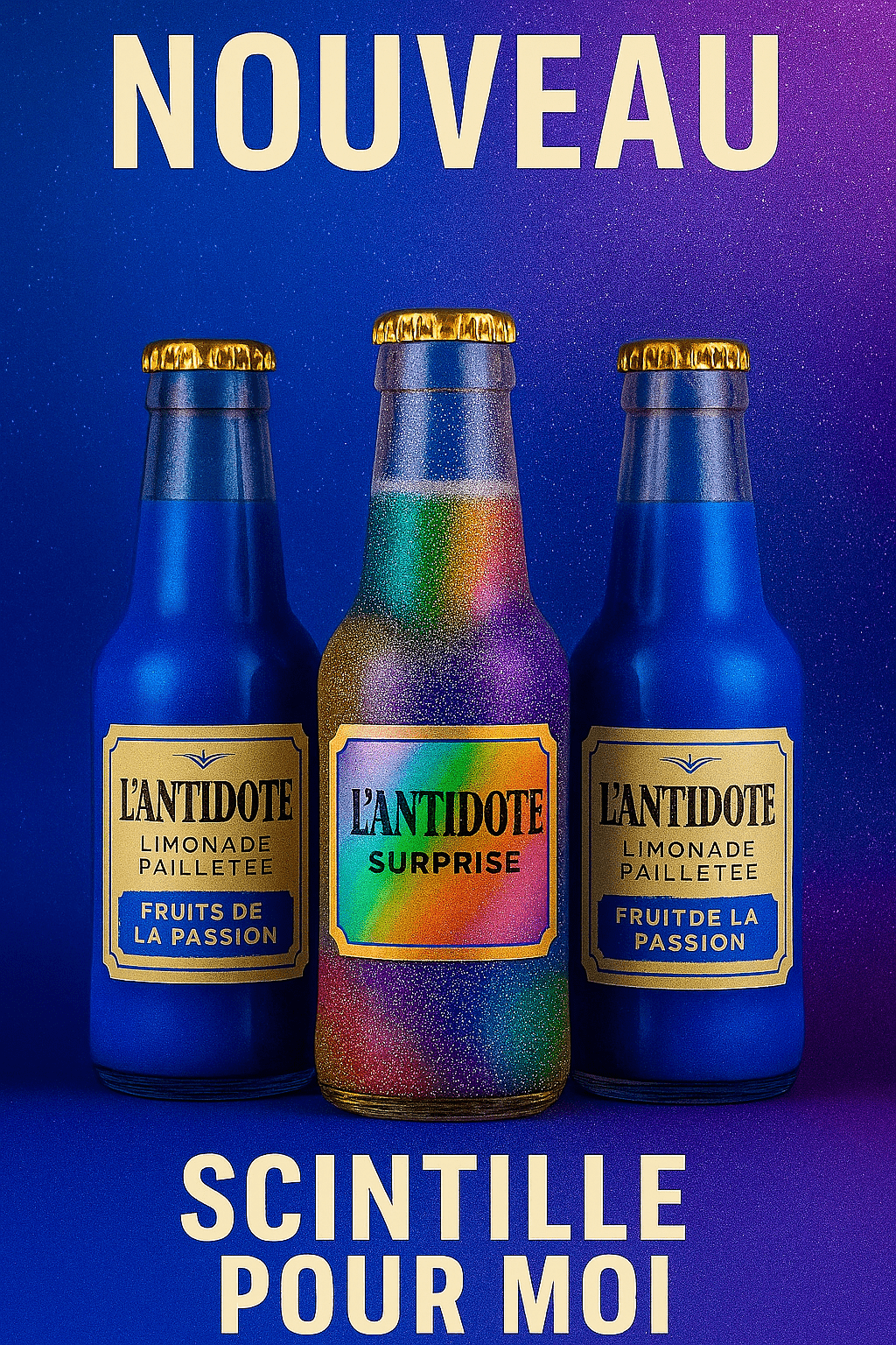 Pack L’ANTIDOTE Fruits de la Passion – Duo + Surprise - 3x33cl - L’ANTIDOTE Limonade Pailletée Made in Cannes
