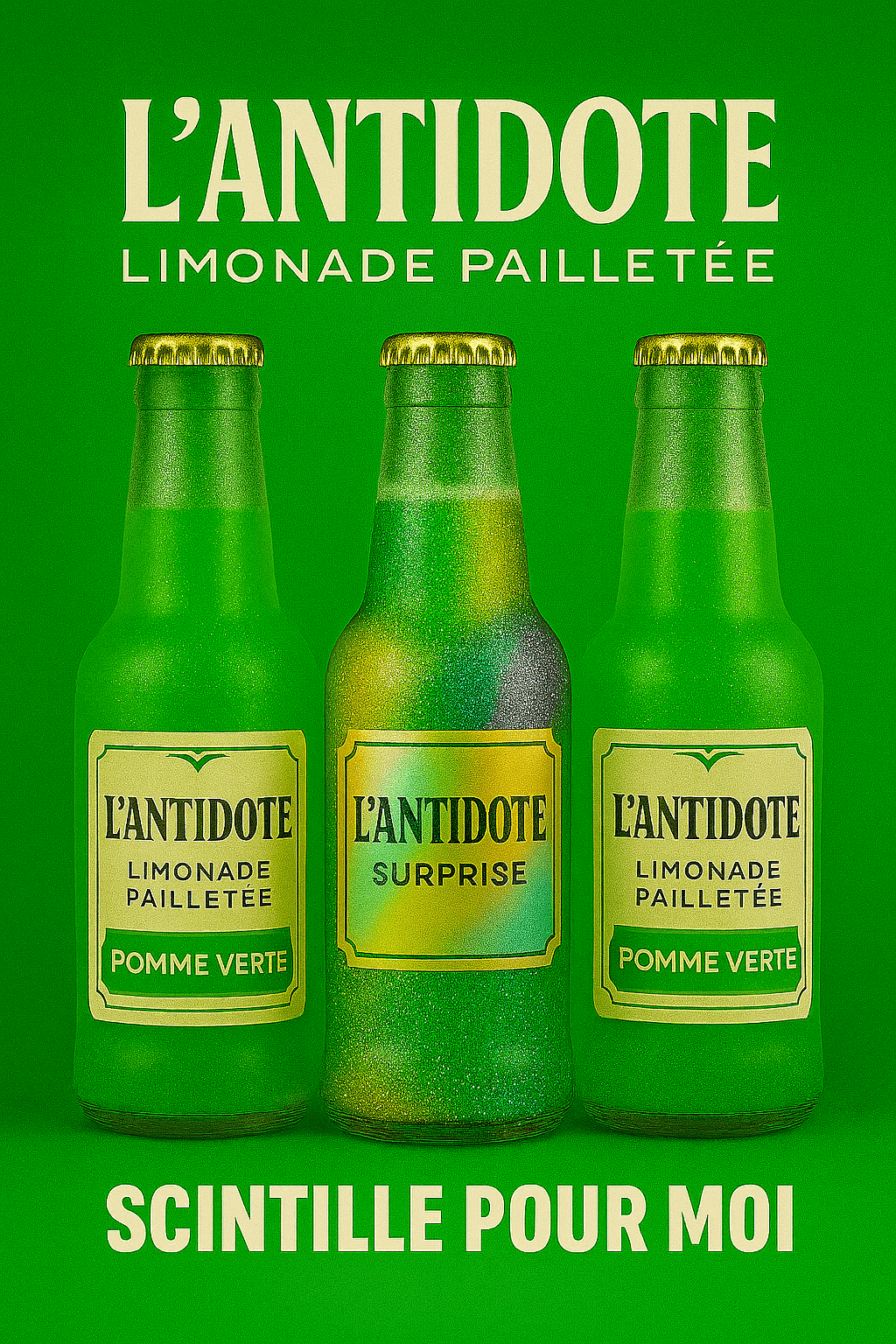 Pack L’ANTIDOTE Pomme Verte – Duo + Surprise - 3x33cl - L’ANTIDOTE Limonade Pailletée Made in Cannes